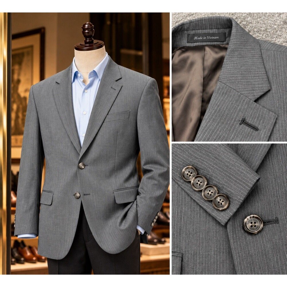 CHAPS Menās Blazer 42L Gray Pinstripe Wool Blend 2 Button Sport Coat Long